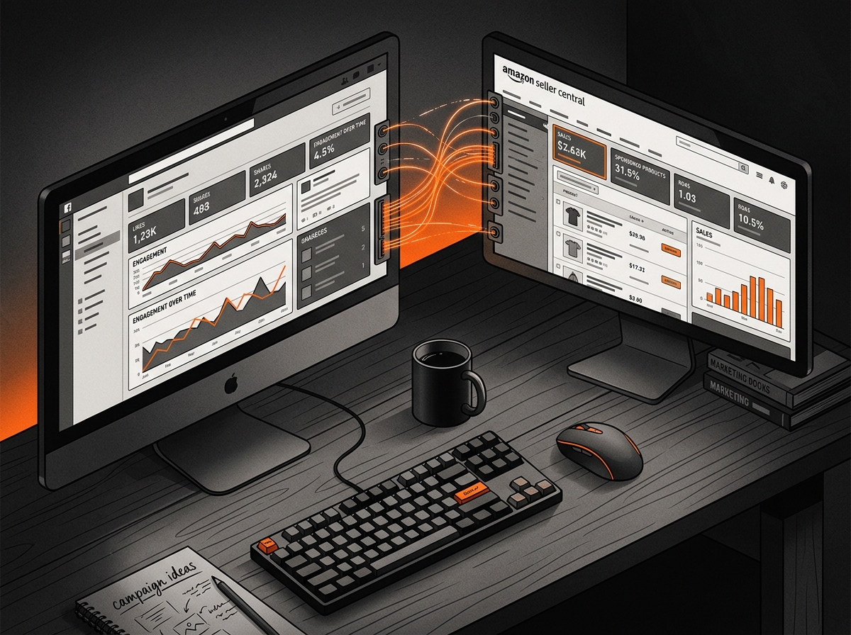 Illustration of a marketer managing both social media and Amazon ad platforms simultaneously.