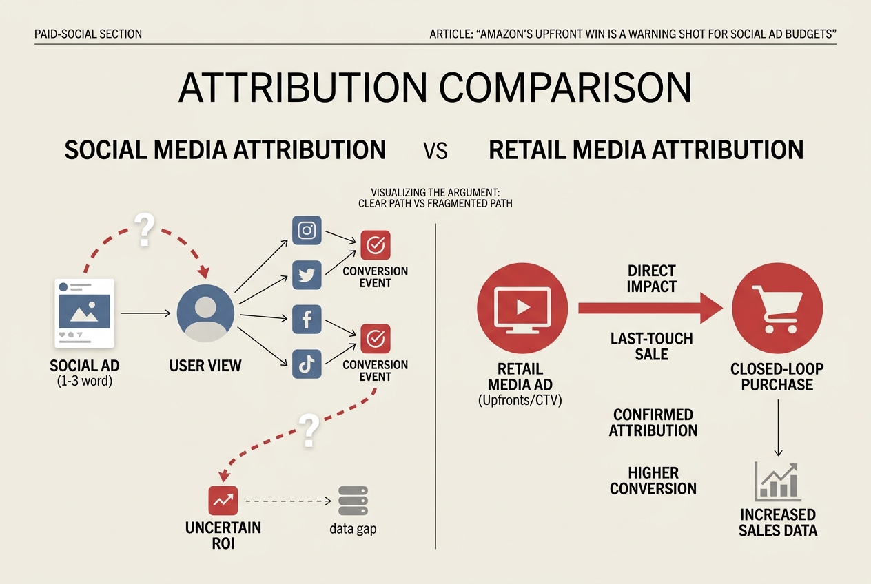 An infographic showing the difference between fragmented social media tracking and closed-loop retail media attribution.