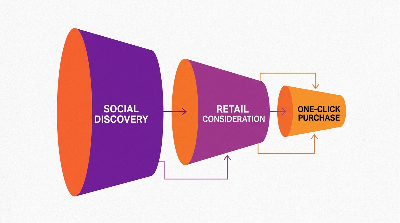 A 3D funnel diagram illustrating the modern path from social discovery to retail purchase.