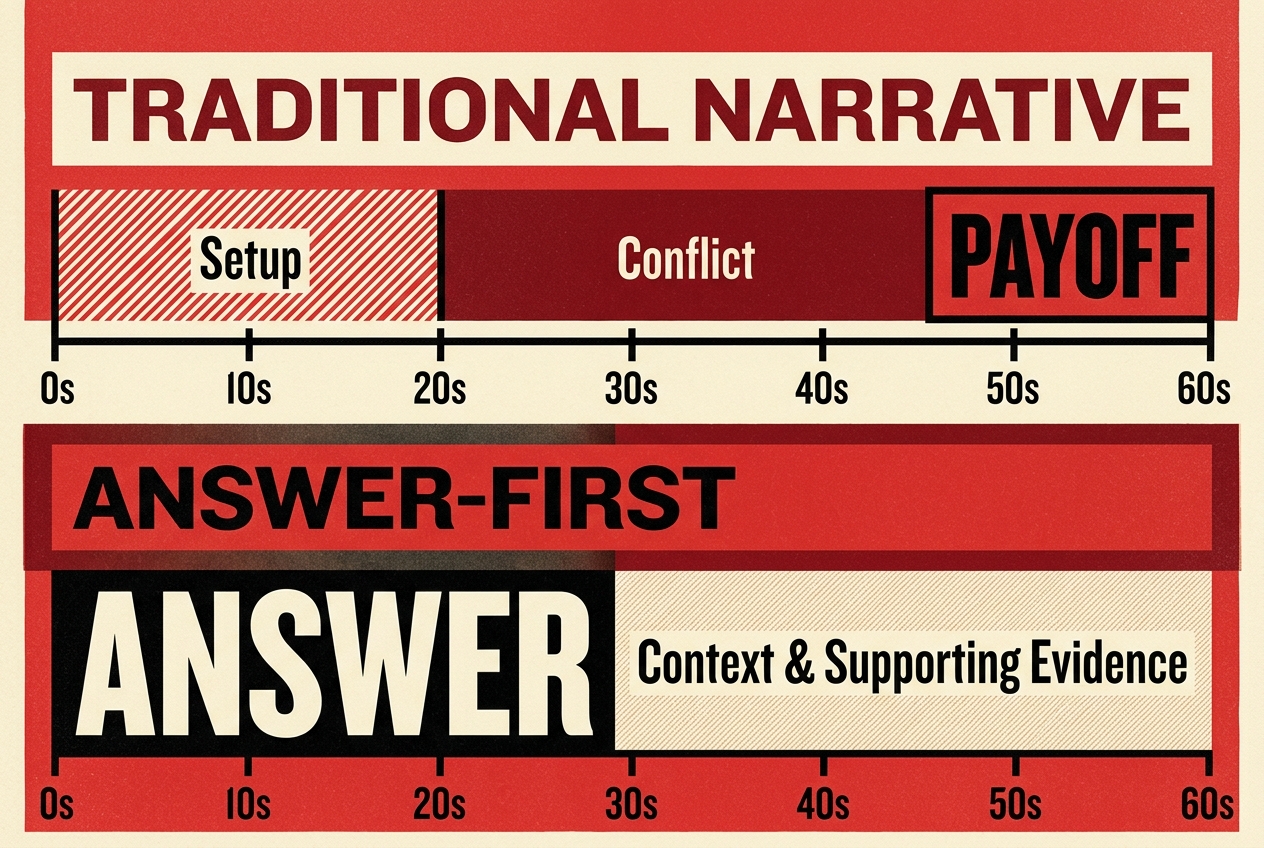 Comparison of traditional narrative scripting versus the new Answer-First scripting model for social video.
