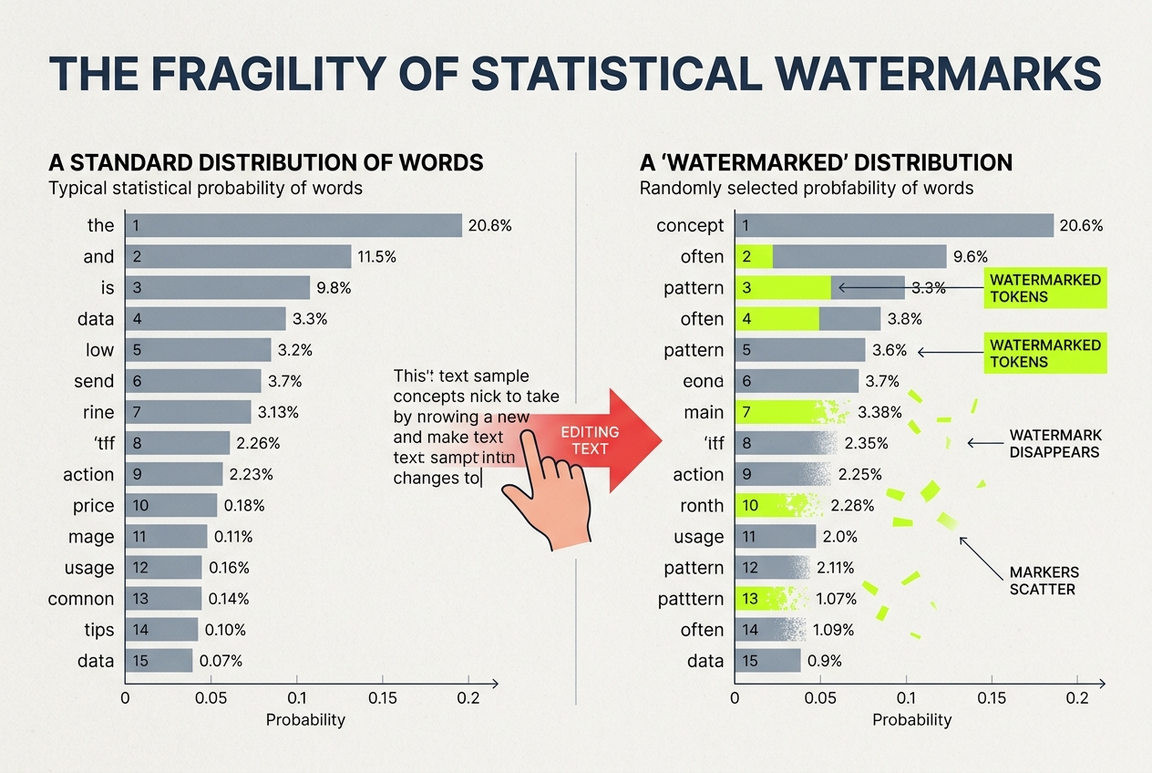 A diagram explaining how AI watermarking works and how editing breaks the pattern.