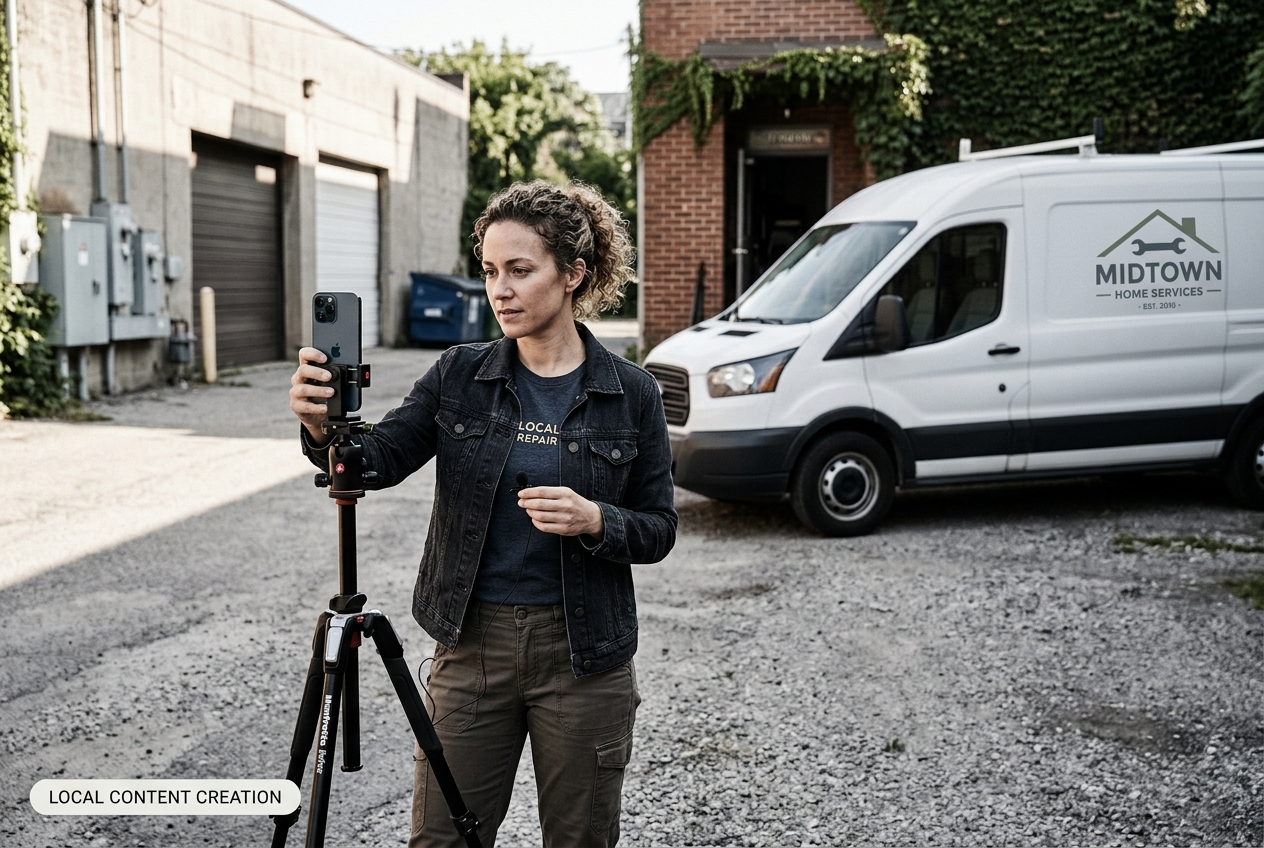 A local business owner creating social media content in front of their service van.