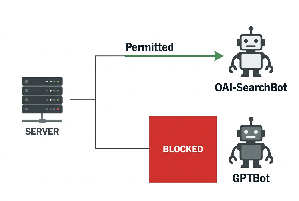 A technical diagram illustrating how to configure robots.txt for OpenAI's search crawler.