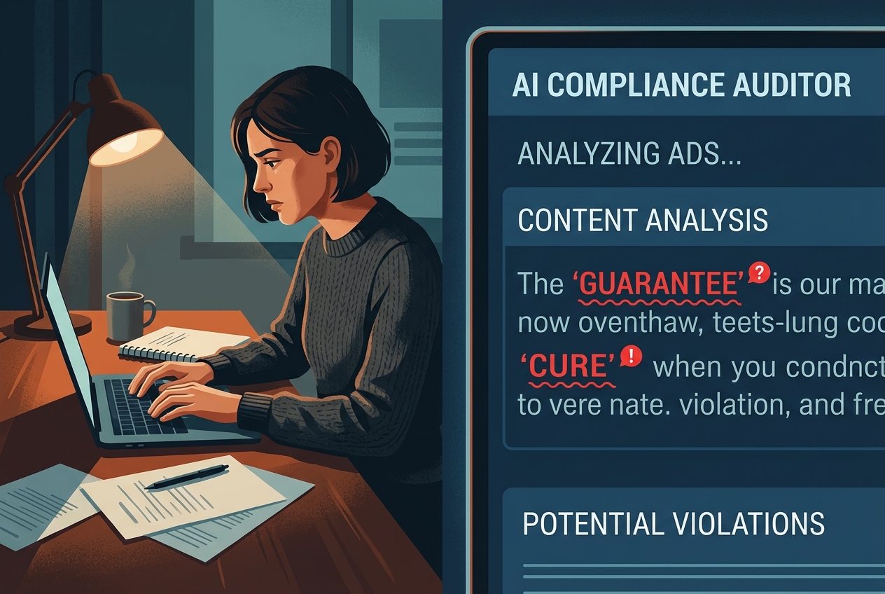 An illustration of the adversarial prompting process used to audit ad copy for compliance.