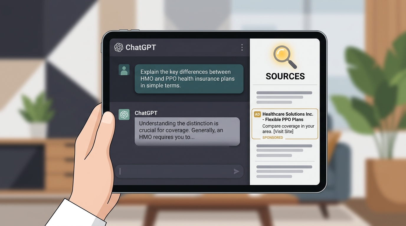 A mockup showing how to verify ad placements and citations within the ChatGPT Search interface.