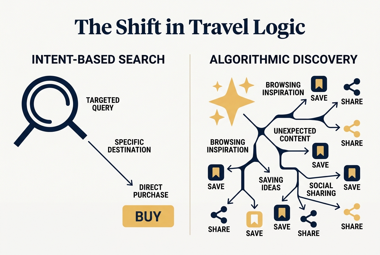 Infographic comparing linear search intent with the non-linear nature of social discovery.