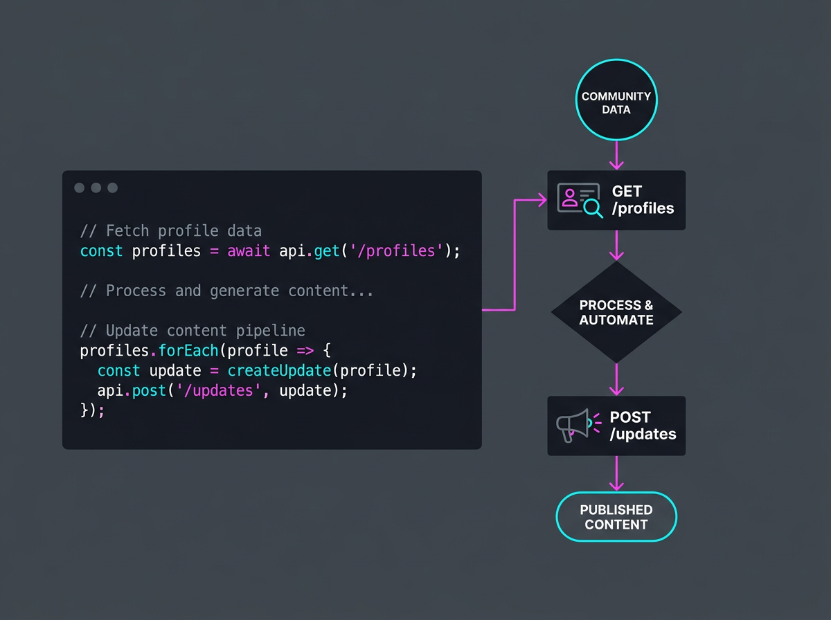 A technical diagram explaining how to call the Buffer API to retrieve profile IDs and create new social media updates.