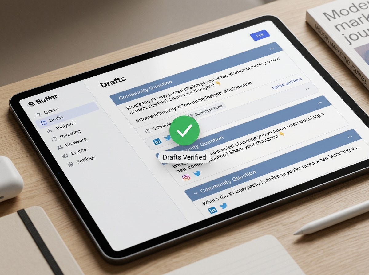 A mockup of the Buffer dashboard showing how automated drafts appear for final human approval.