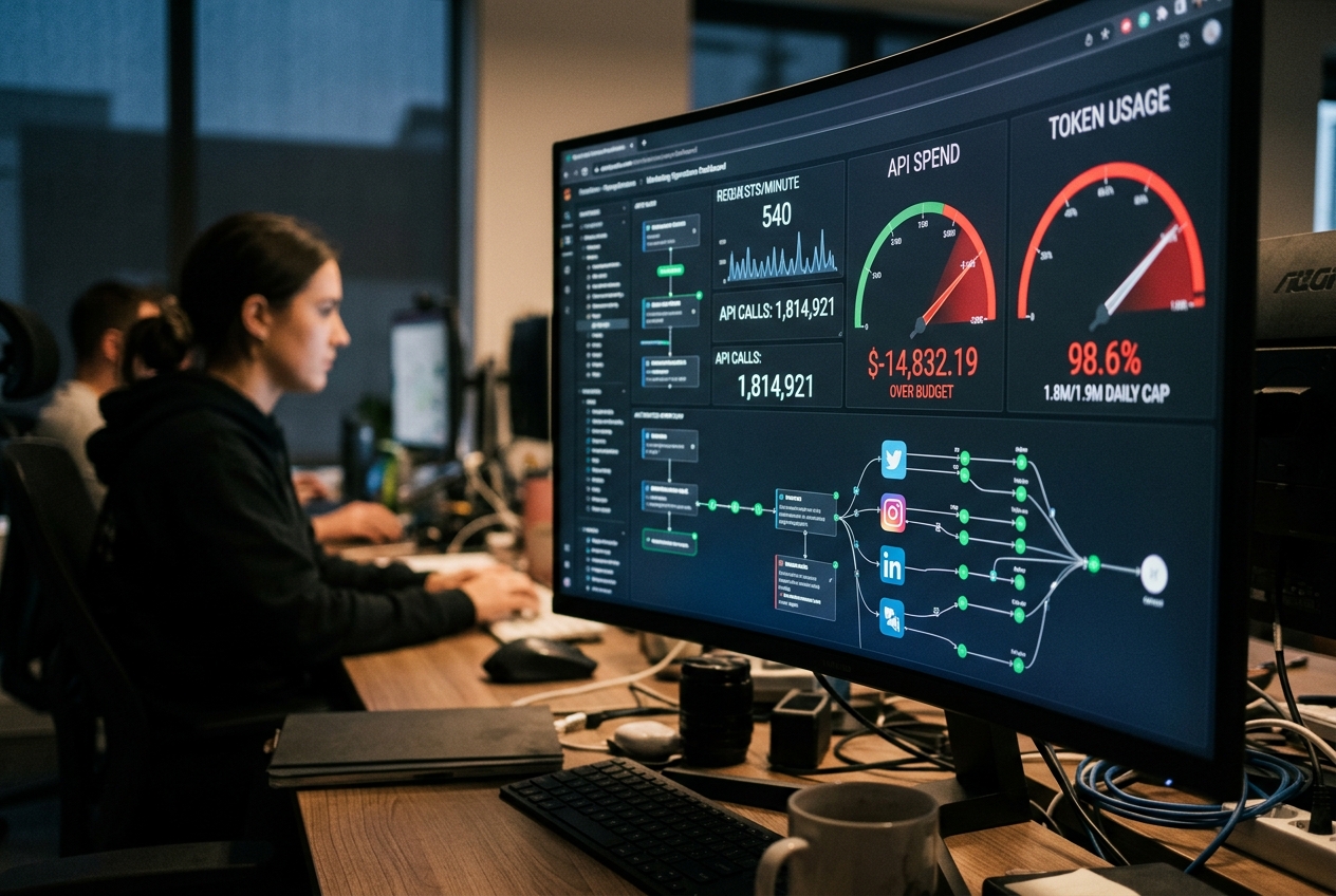 A marketing operations dashboard showing high API and token usage statistics.
