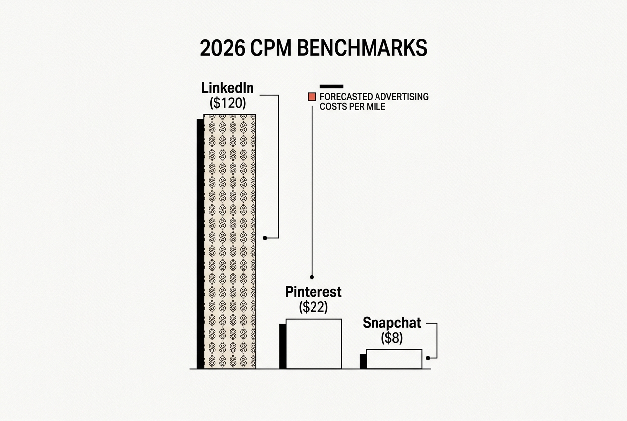 A bar chart comparing the Cost Per Mille (CPM) of LinkedIn, Pinterest, and Snapchat for B2B advertisers in 2026.