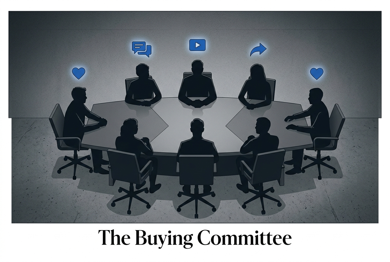 A visual representation of a B2B buying committee interacting with social content.