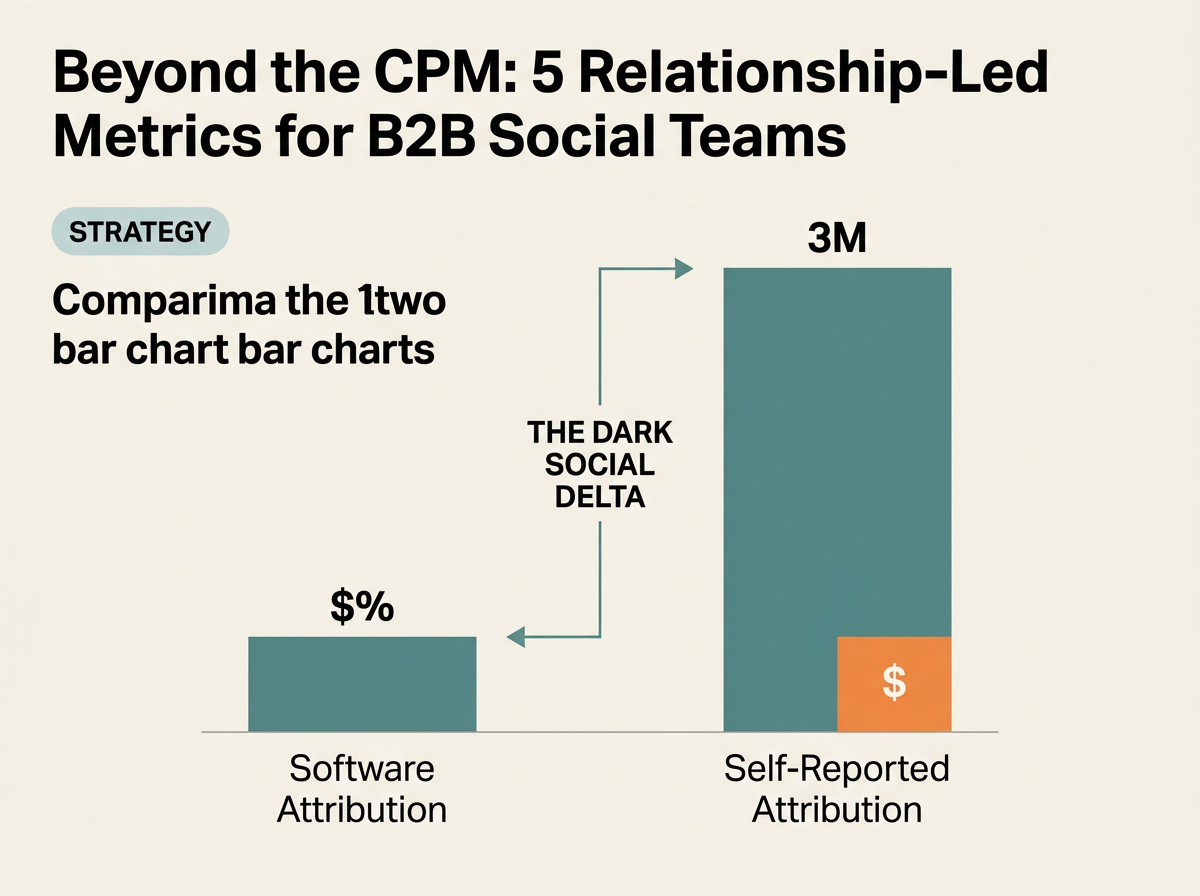 An infographic showing the gap between software-tracked attribution and self-reported attribution, highlighting the 'Dark Social Delta'.