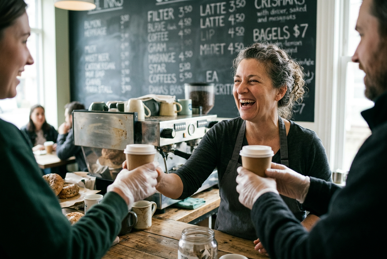 A real, unedited photo of a local business owner interacting with a customer.