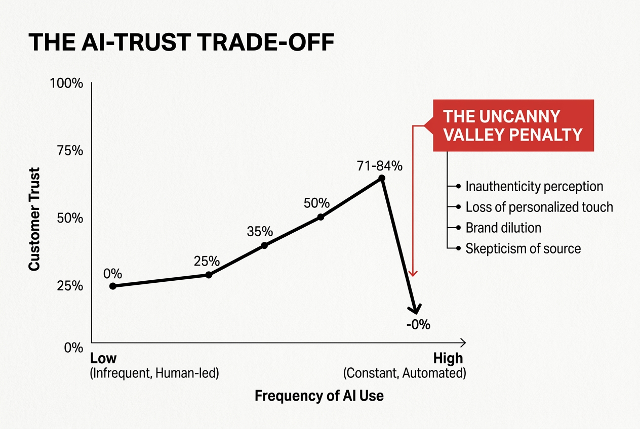 An infographic showing the inverse relationship between AI usage and customer trust for local brands.