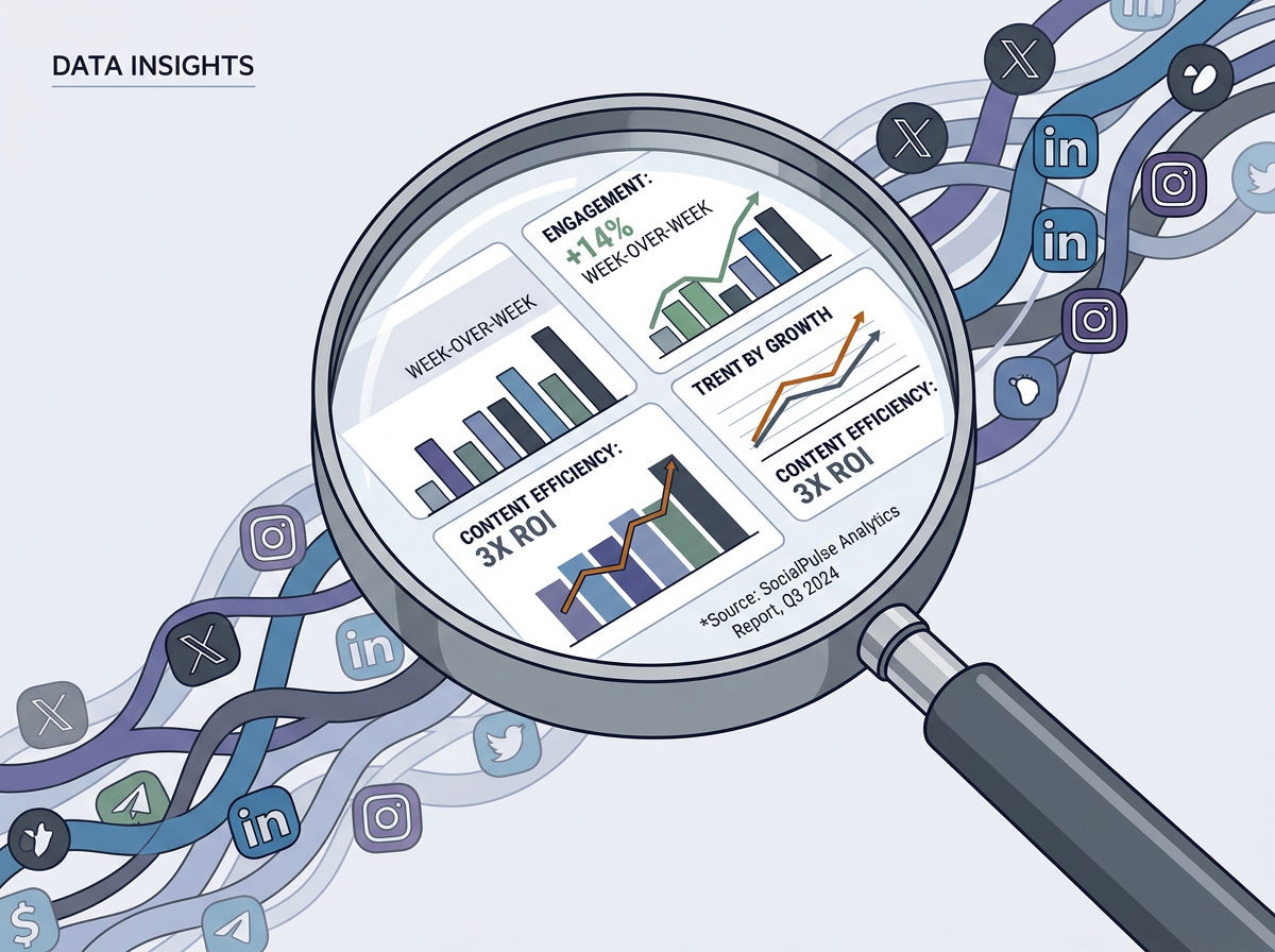 An illustration representing real-time trend research using AI tools to scan social media platforms.