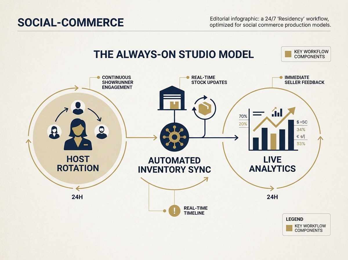 Infographic showing the workflow of a 24/7 livestreaming studio residency.