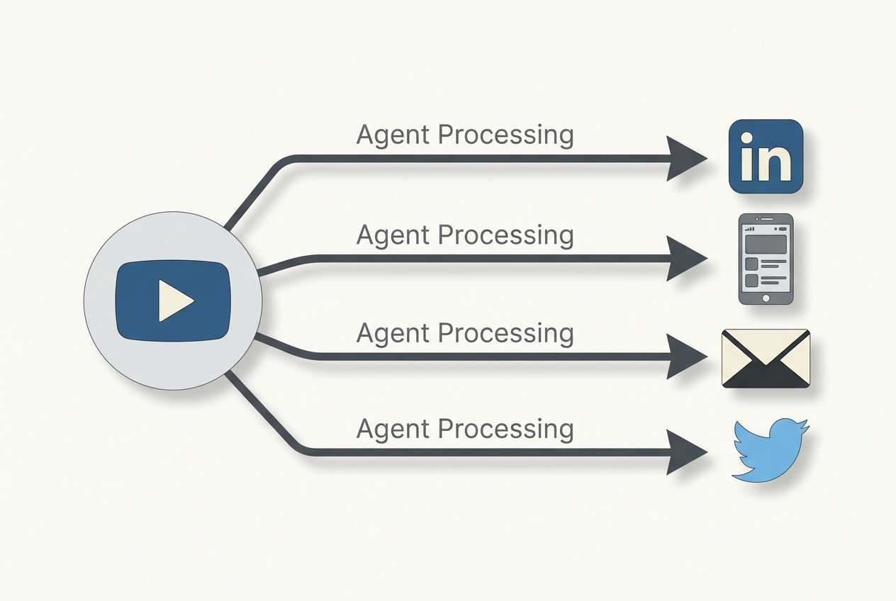 A diagram showing a single video being transformed into multiple content formats by an AI agent.