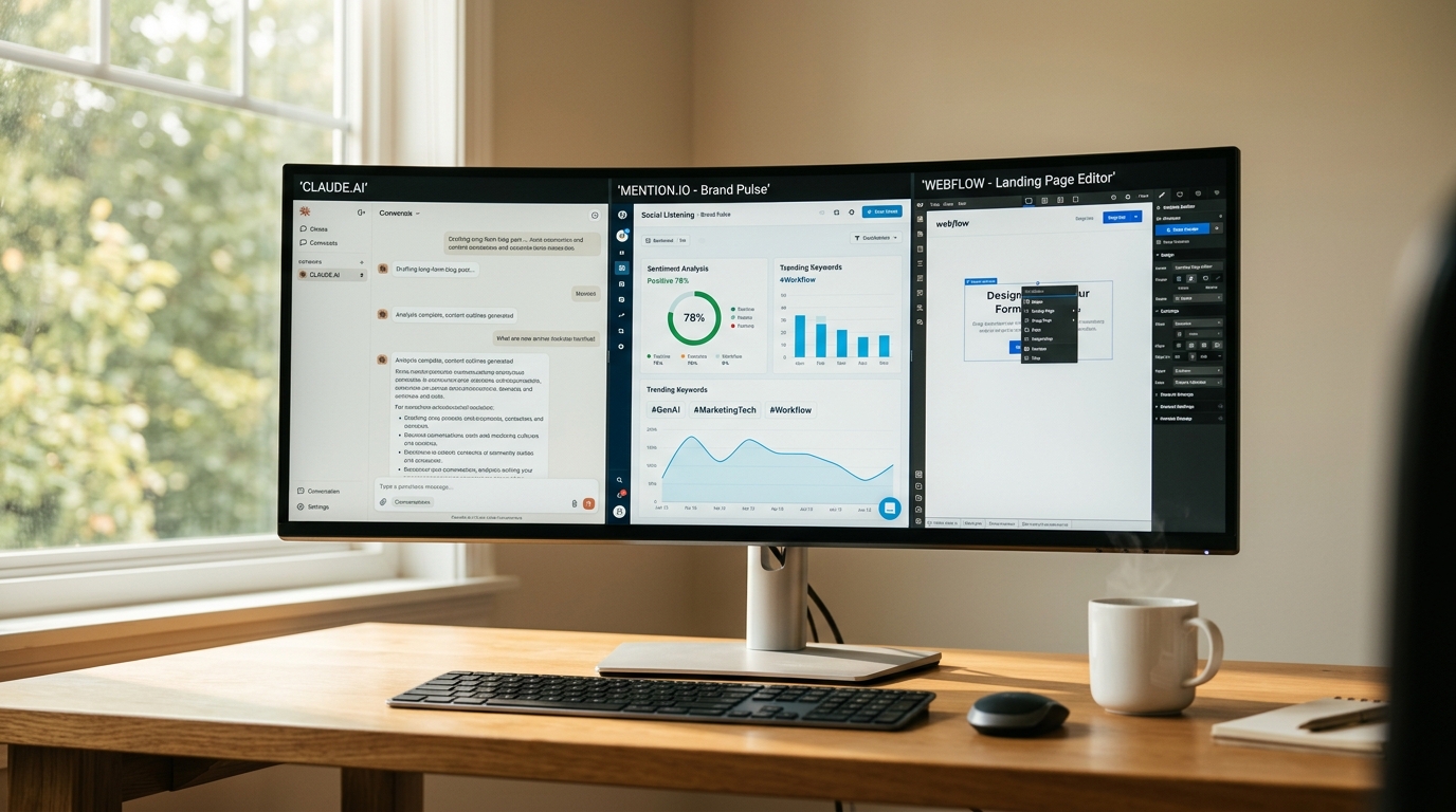 A modern workspace showing multiple AI marketing tools active on a large monitor.