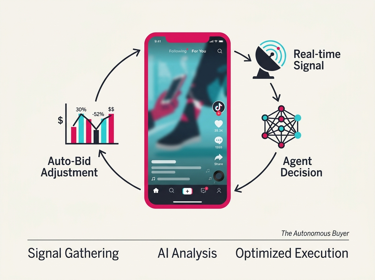 An infographic showing how an AI agent manages TikTok ads in a continuous loop.