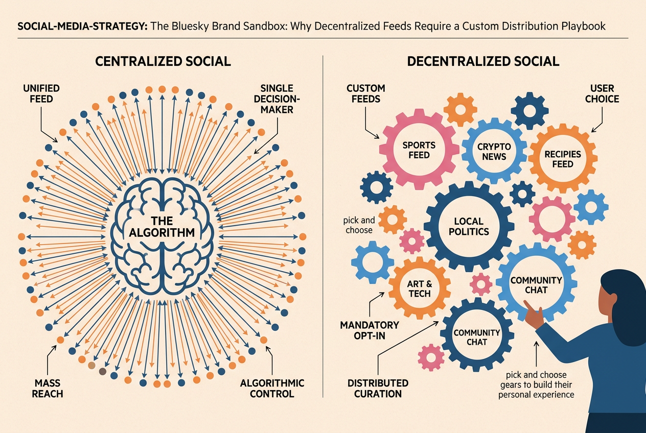 A diagram comparing a single central algorithm to a decentralized system of multiple custom feeds.