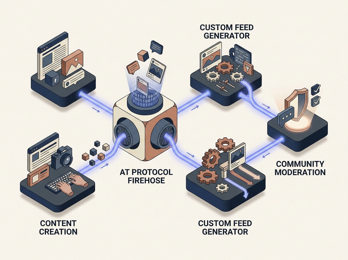 An isometric diagram showing the technical workflow for managing a brand presence on the AT Protocol.