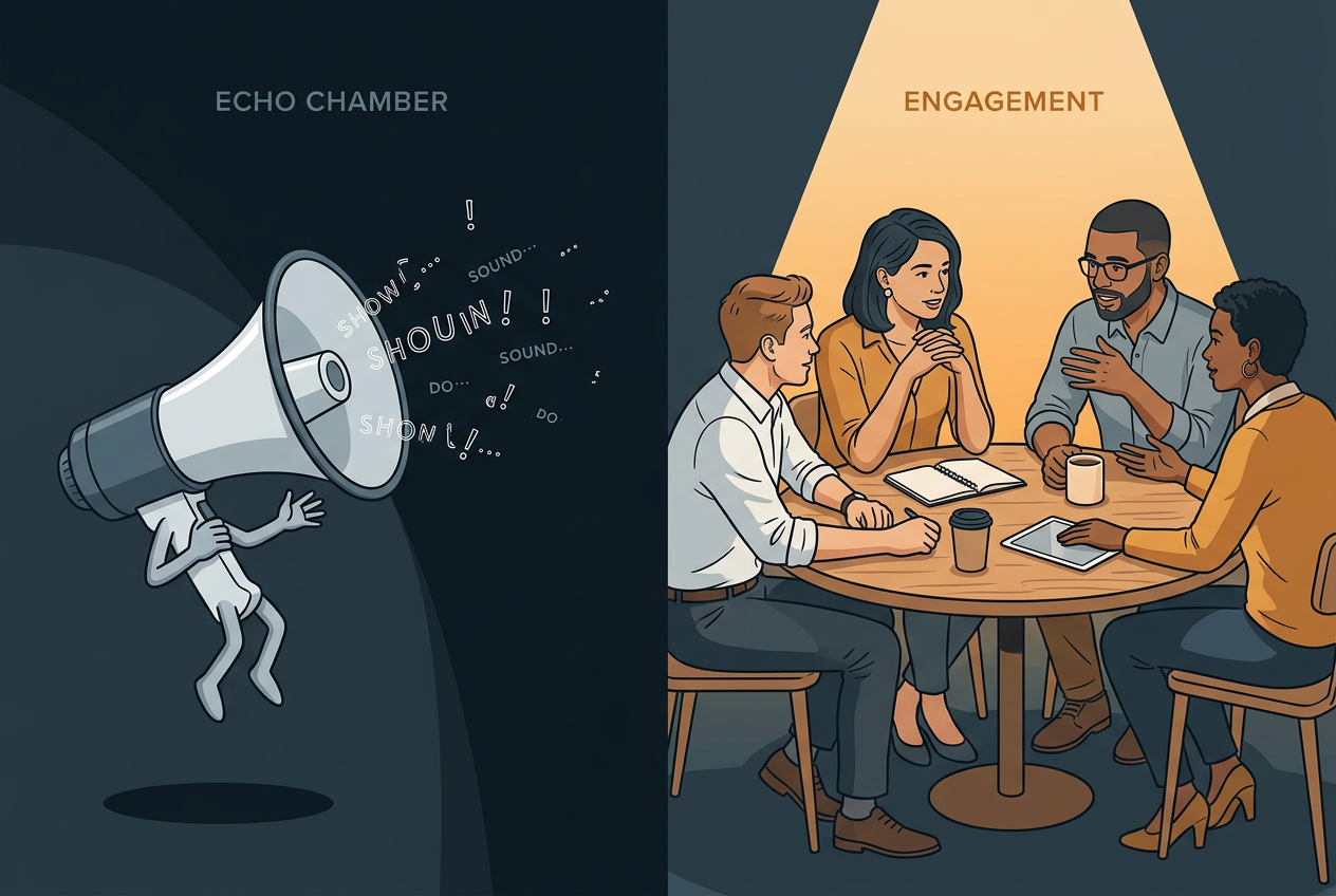 An illustration contrasting broadcast marketing with community-led conversation.