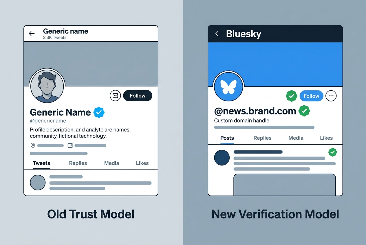 A diagram comparing traditional social media verification with Bluesky's domain-based verification system.