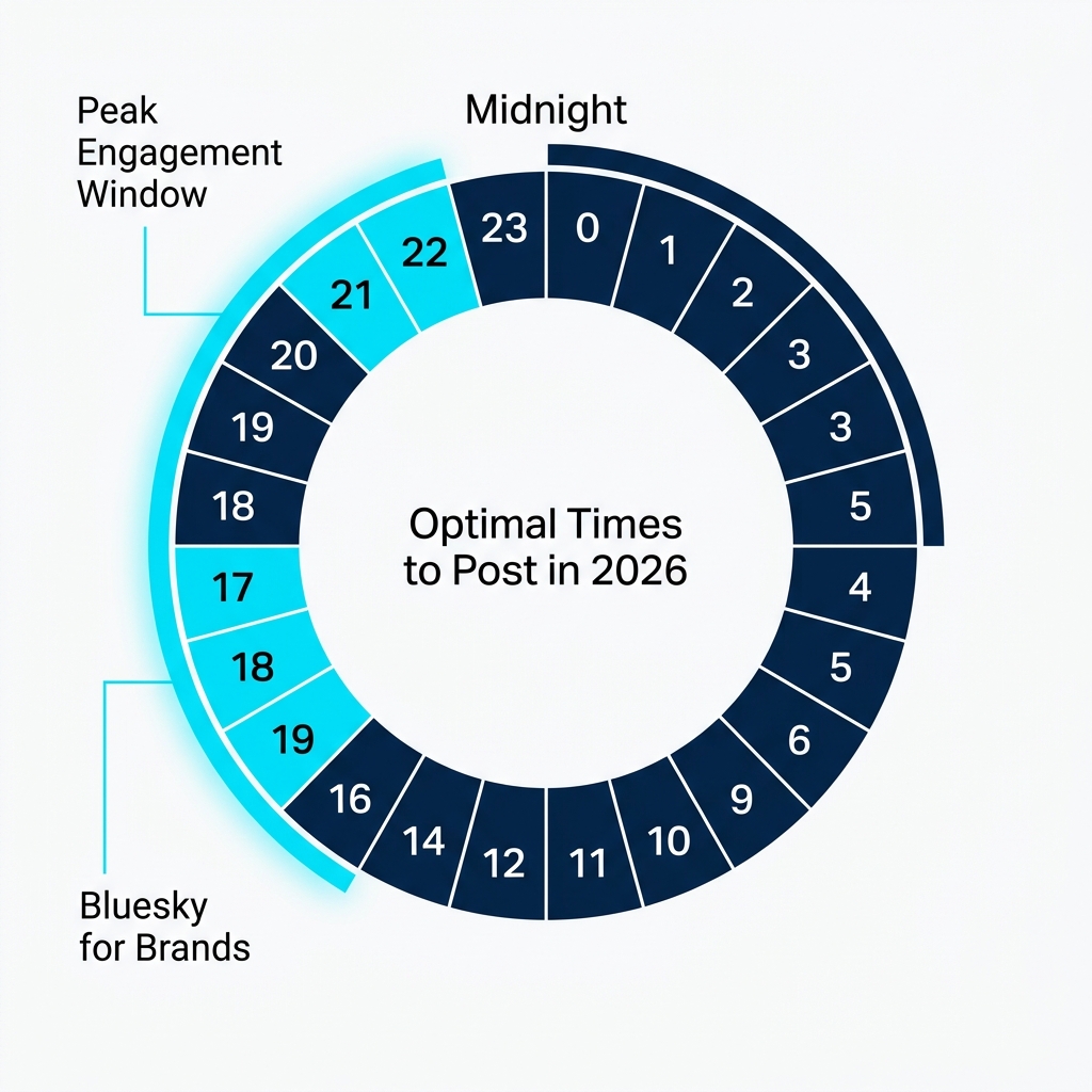 A circular heatmap showing that 7 PM to 11 PM is the peak time for Bluesky engagement.