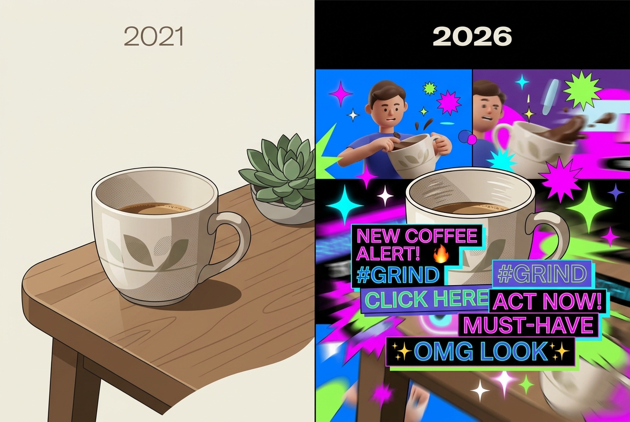 Comparison between a traditional minimalist ad and a modern high-stimulation brainrot ad.