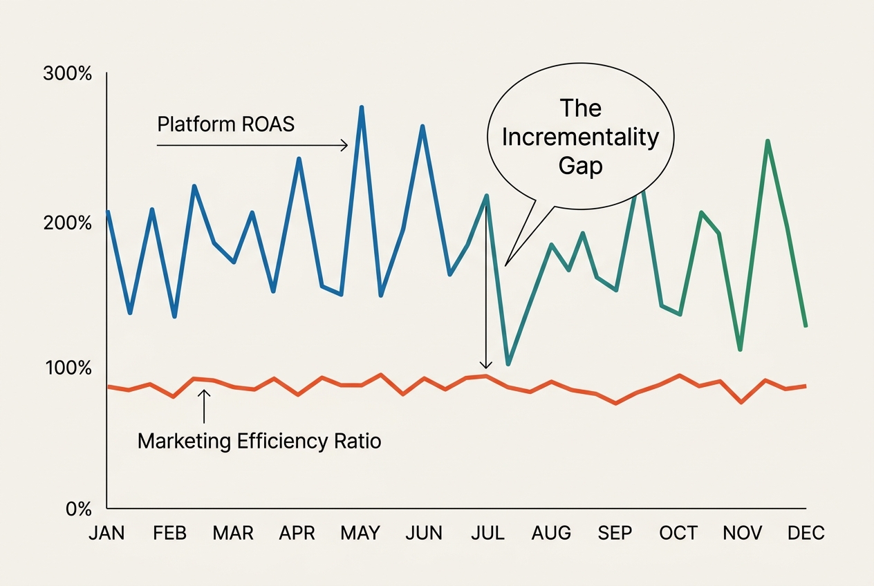 A line chart comparing platform ROAS with Marketing Efficiency Ratio to show the incrementality gap.