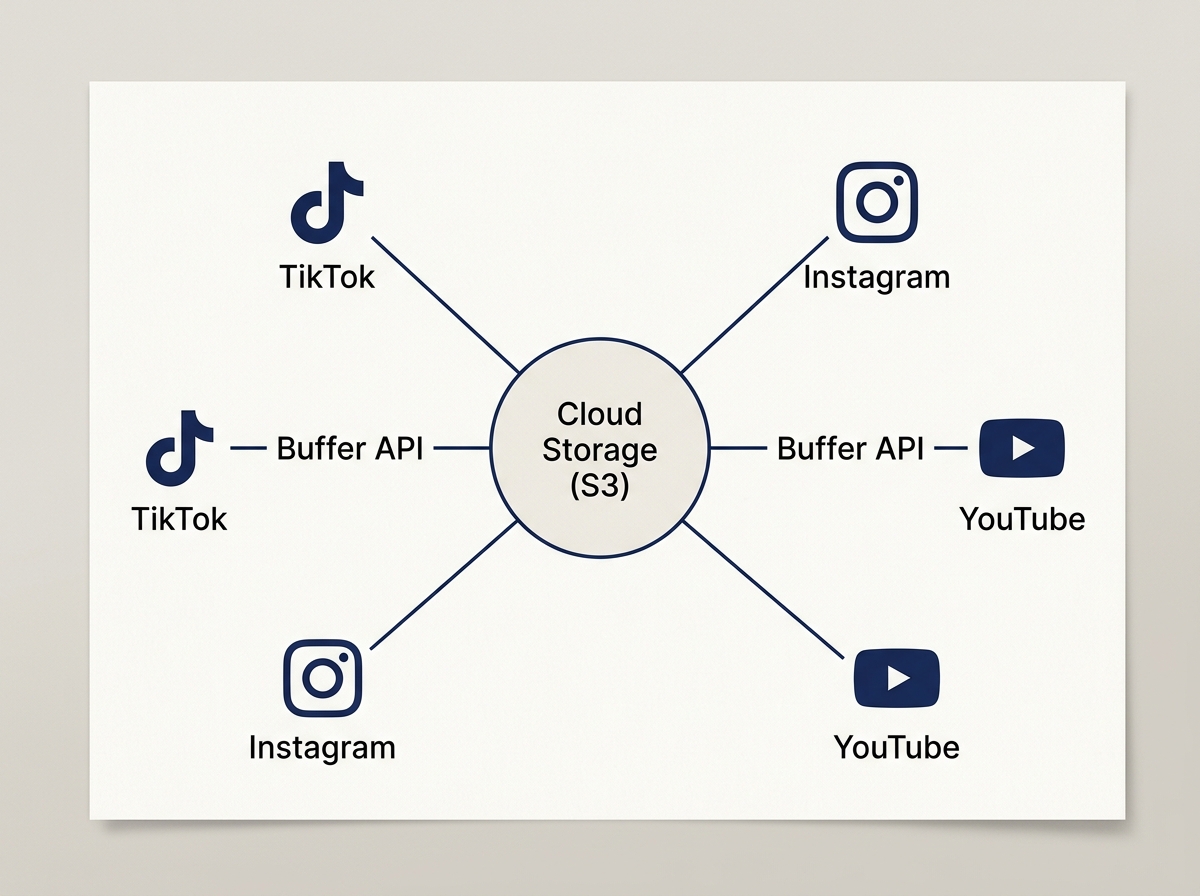 A technical diagram showing how a central video file is distributed to multiple social platforms via the Buffer API.