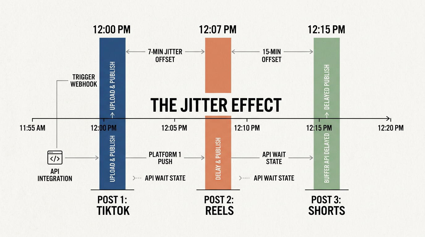 A timeline showing staggered posting times to avoid bot-like behavior on social platforms.