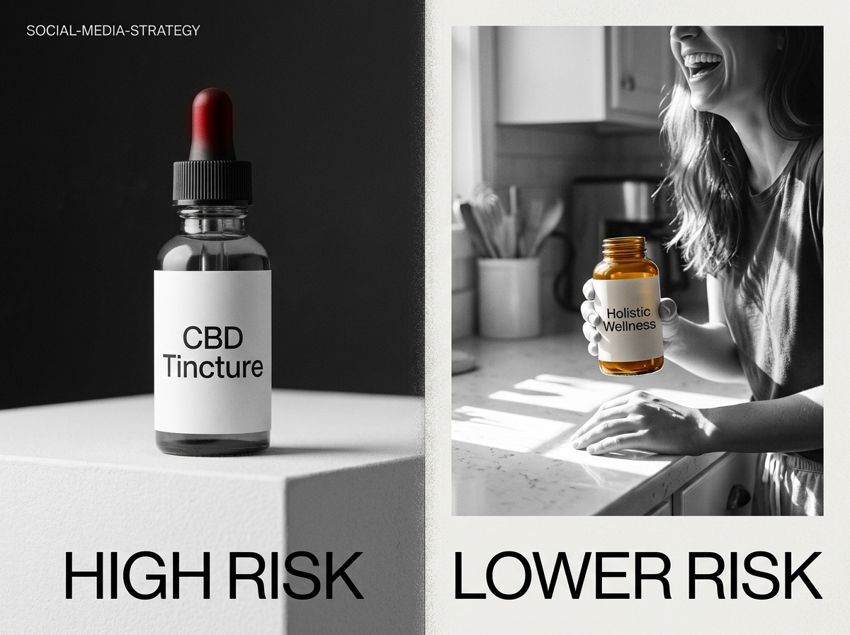 Comparison between a high-risk product-only photo and a lower-risk lifestyle photo for social media compliance.