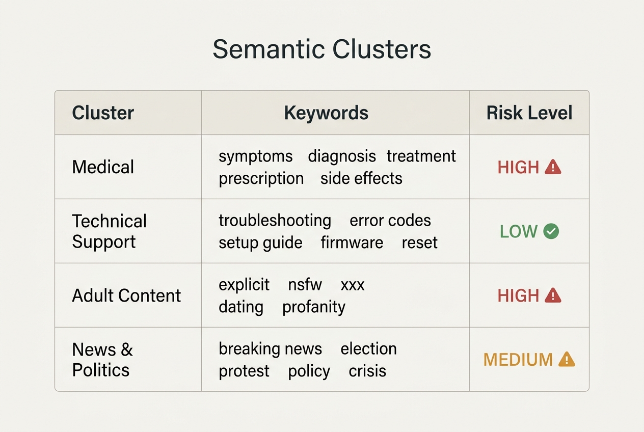 A table showing how to group keywords into semantic clusters for better ad targeting.