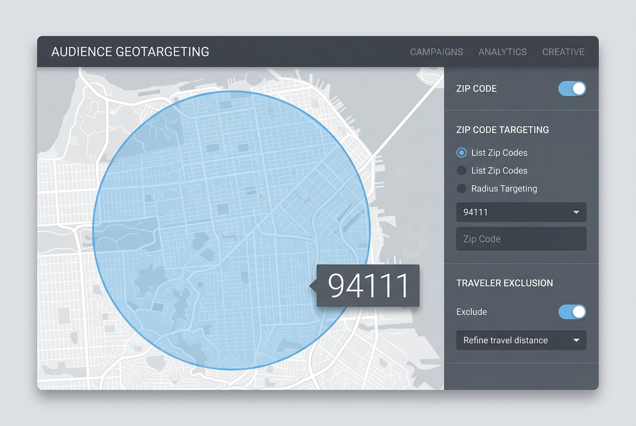 Interface mockup showing geo-fencing settings within the ChatGPT Ads Manager.