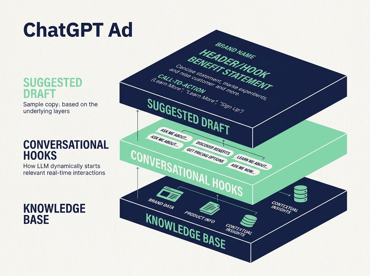 A diagram showing the structural components of an OpenAI ad campaign: Knowledge Base, Conversational Hooks, and Suggested Drafts.