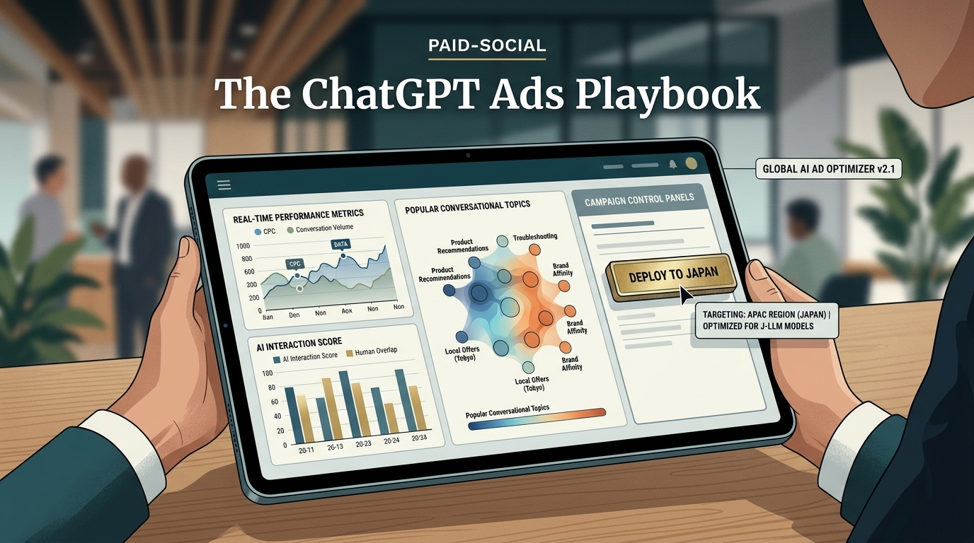 A conceptual view of a future AI advertising dashboard with global deployment controls and conversational analytics.