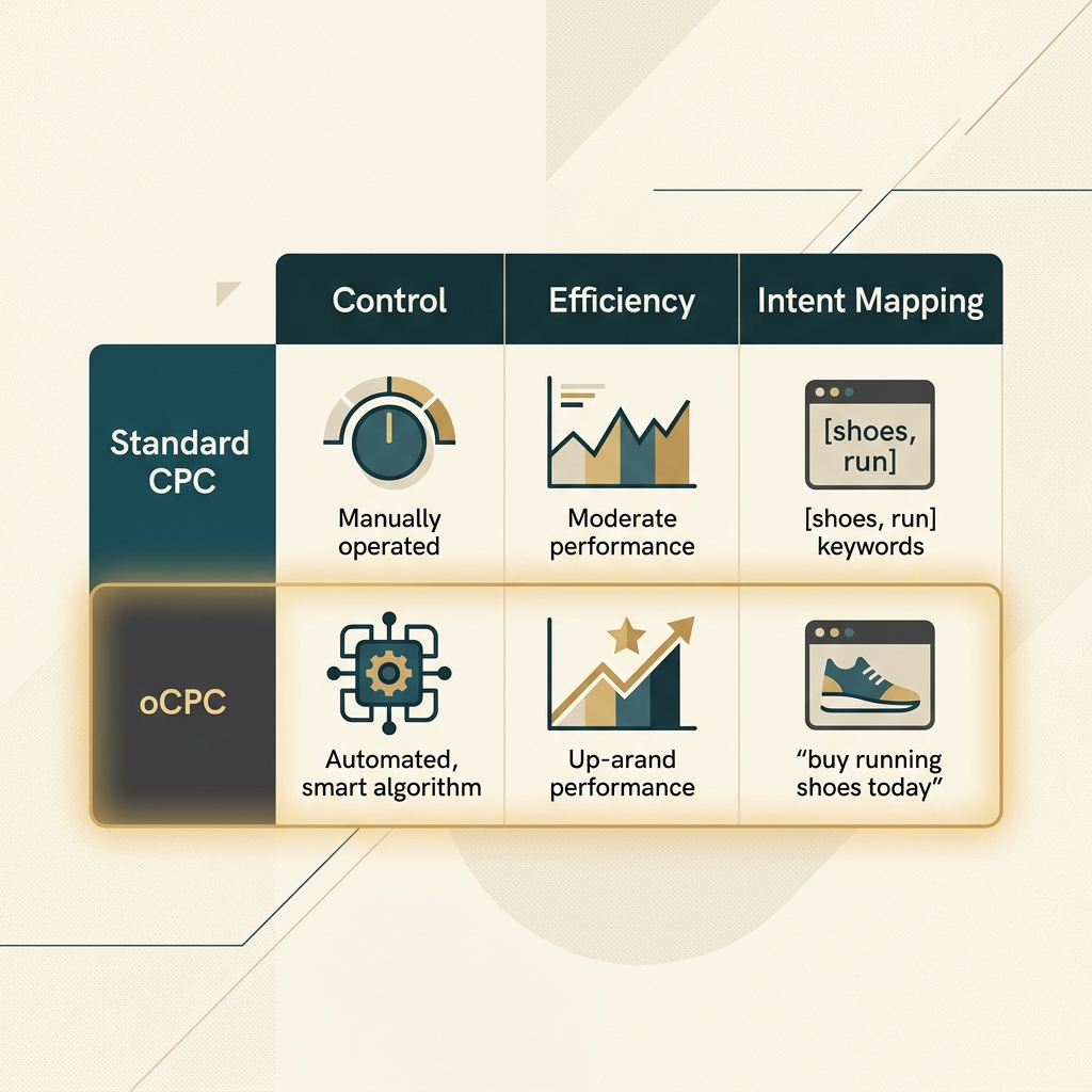 A comparison table showing the benefits of oCPC bidding over traditional CPC bidding.