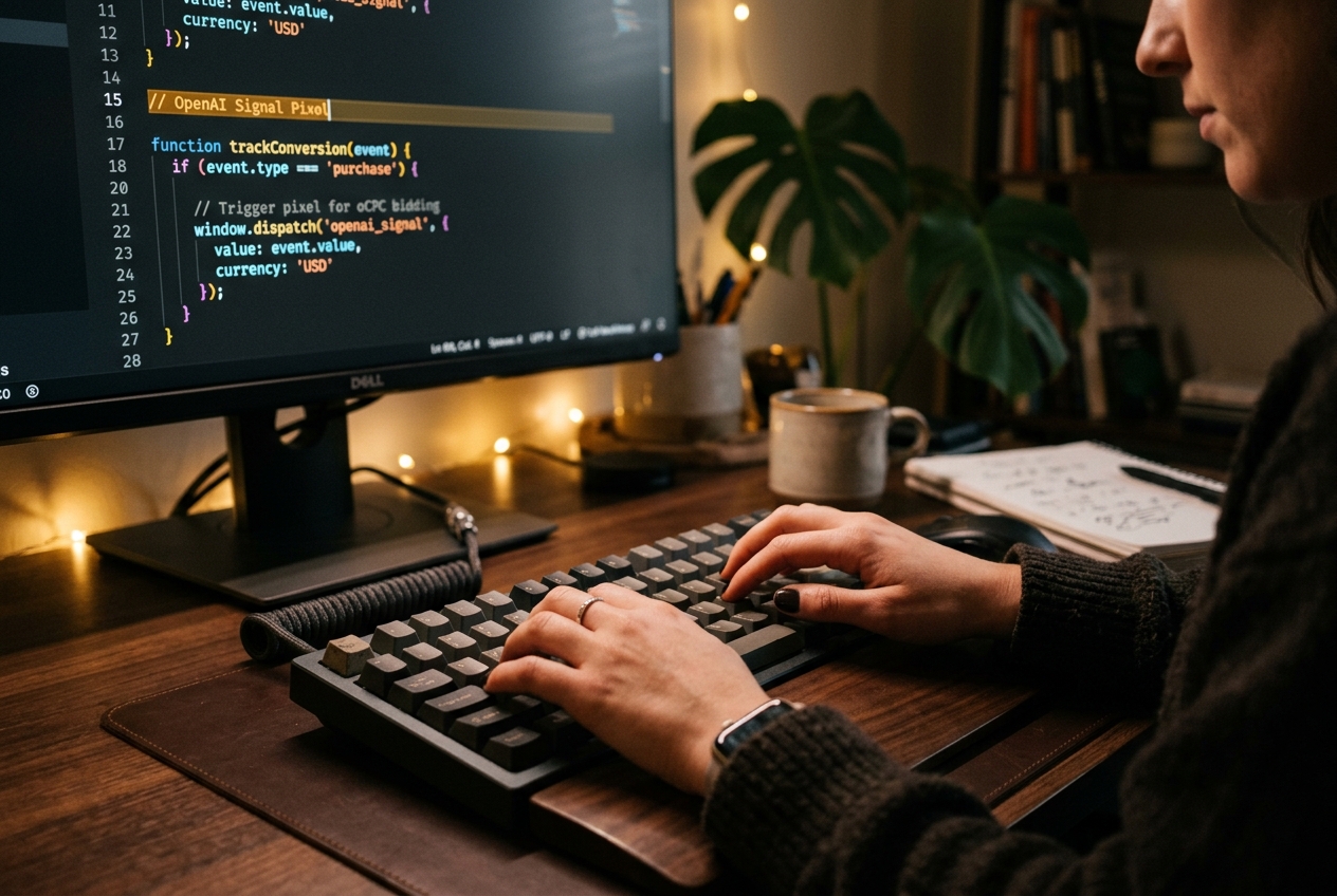 A developer implementing the OpenAI Signal Pixel code on a website.