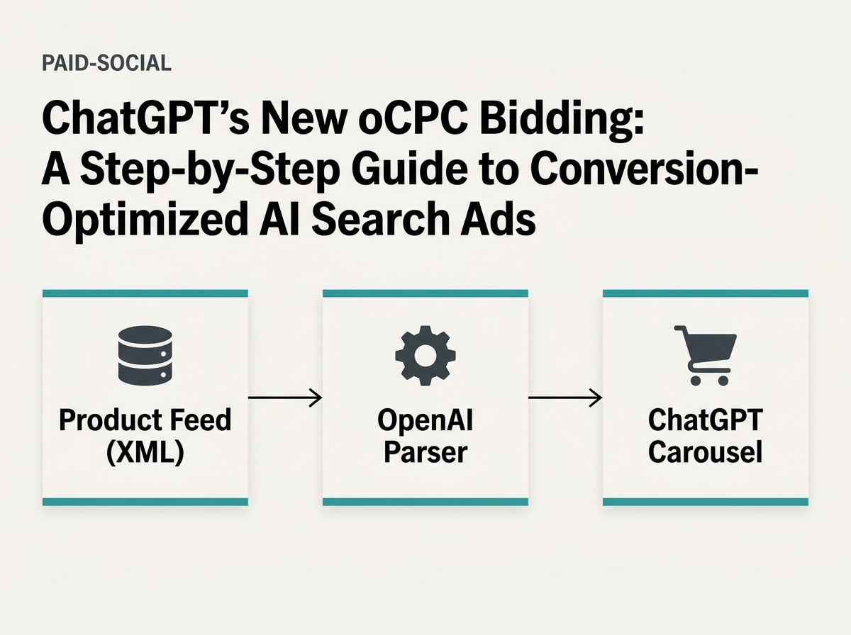 A diagram showing the technical flow of data from a product feed into the ChatGPT advertising interface.