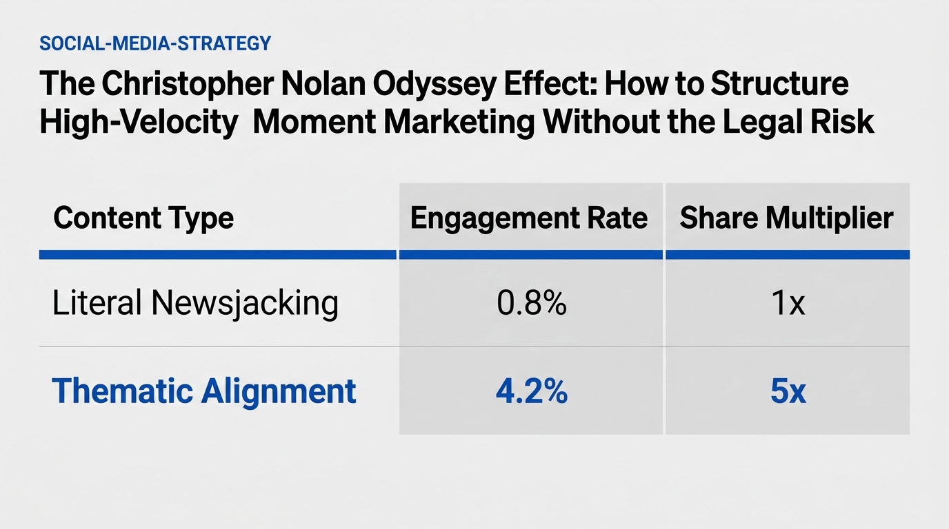 Table comparing engagement rates between literal newsjacking and thematic alignment.