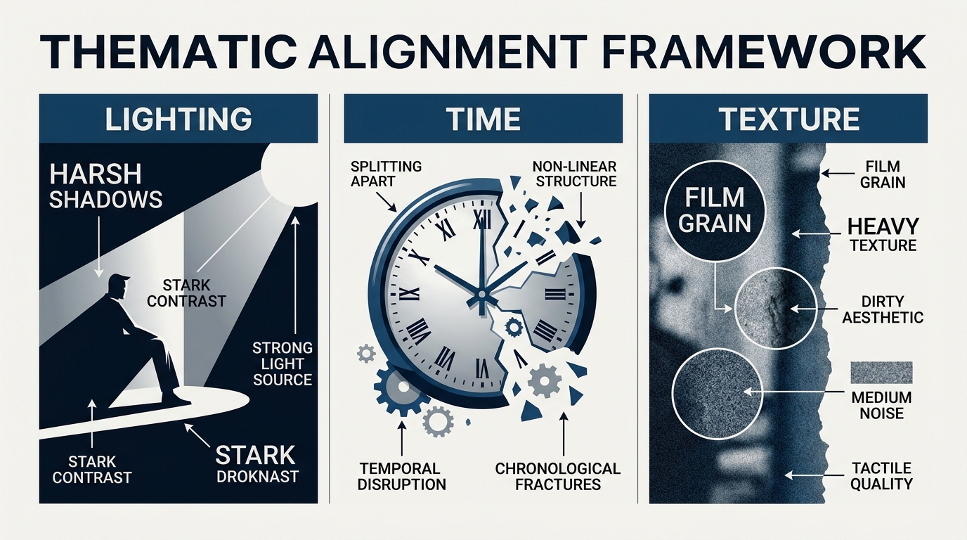 Infographic showing the three pillars of thematic alignment: lighting, time, and texture.