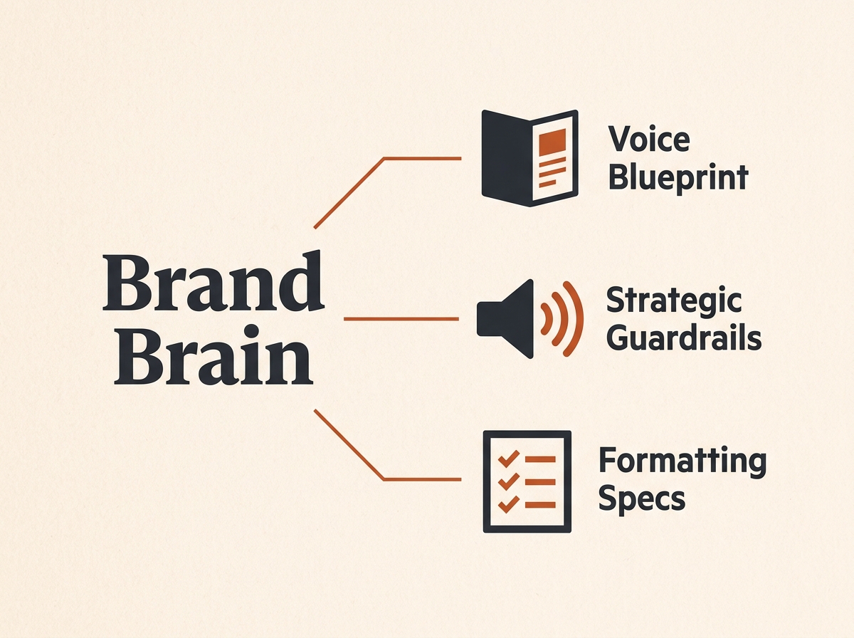 An infographic showing the three core components of a Claude Project Brand Brain.