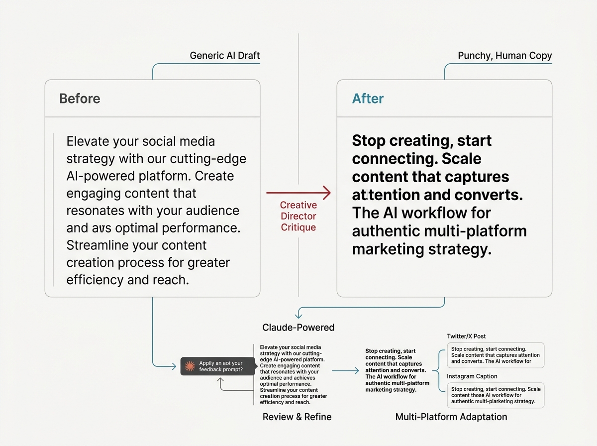 A UI mockup showing the difference between raw AI output and refined, critiqued content.