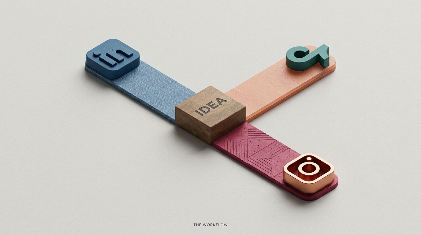 An isometric diagram showing a single content idea being transformed into three platform-specific formats.