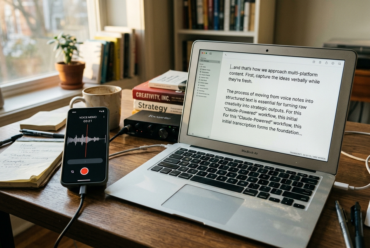 A photo of a smartphone and laptop showing the process of recording a voice memo for AI ingestion.