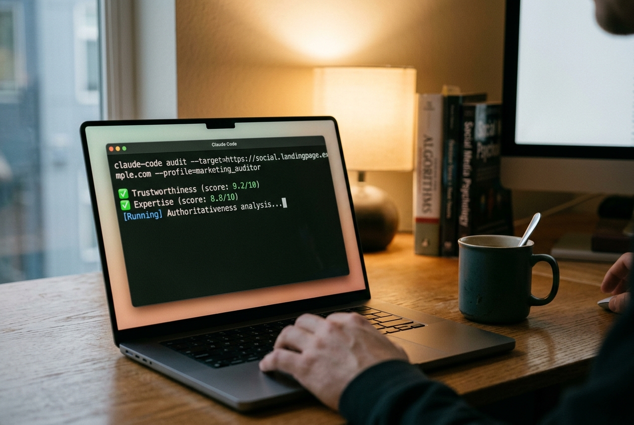 A laptop screen displaying the Claude Code CLI tool performing a website audit.