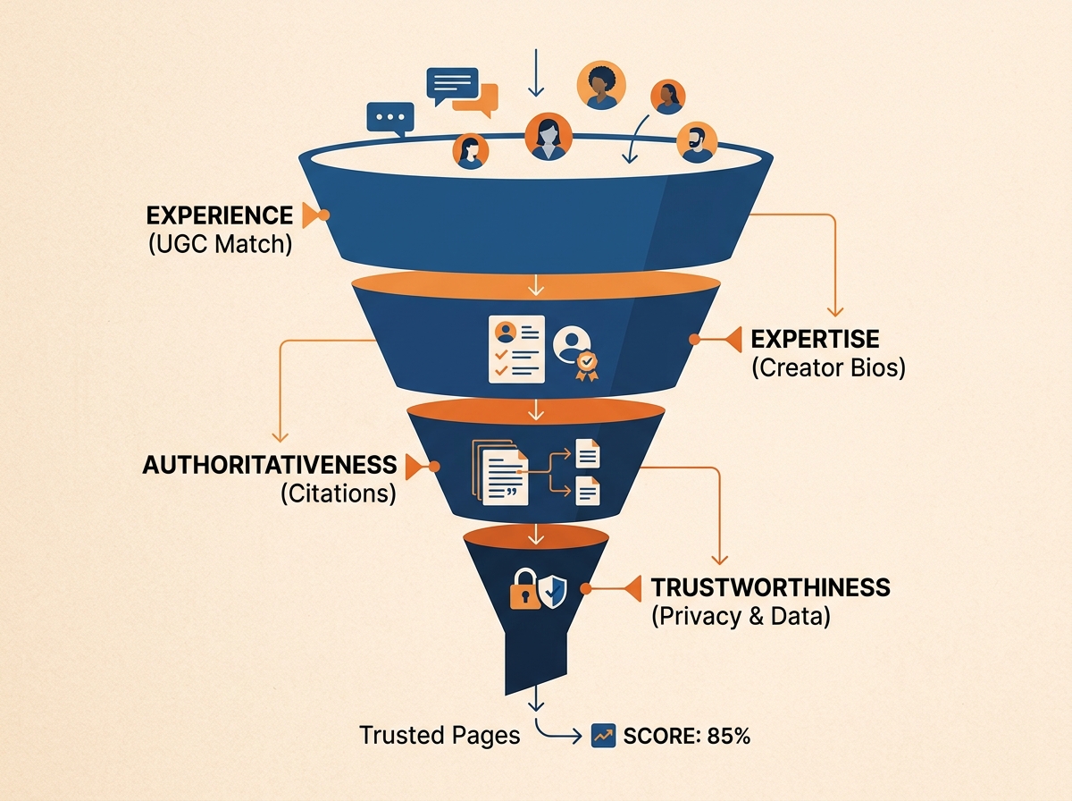 An infographic detailing the four pillars of E-E-A-T for social landing pages.