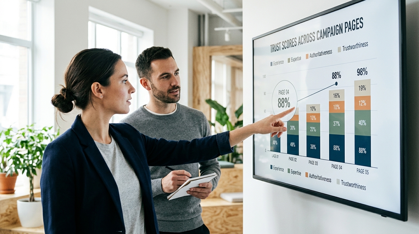 Marketing professionals analyzing automated audit data on a large screen.