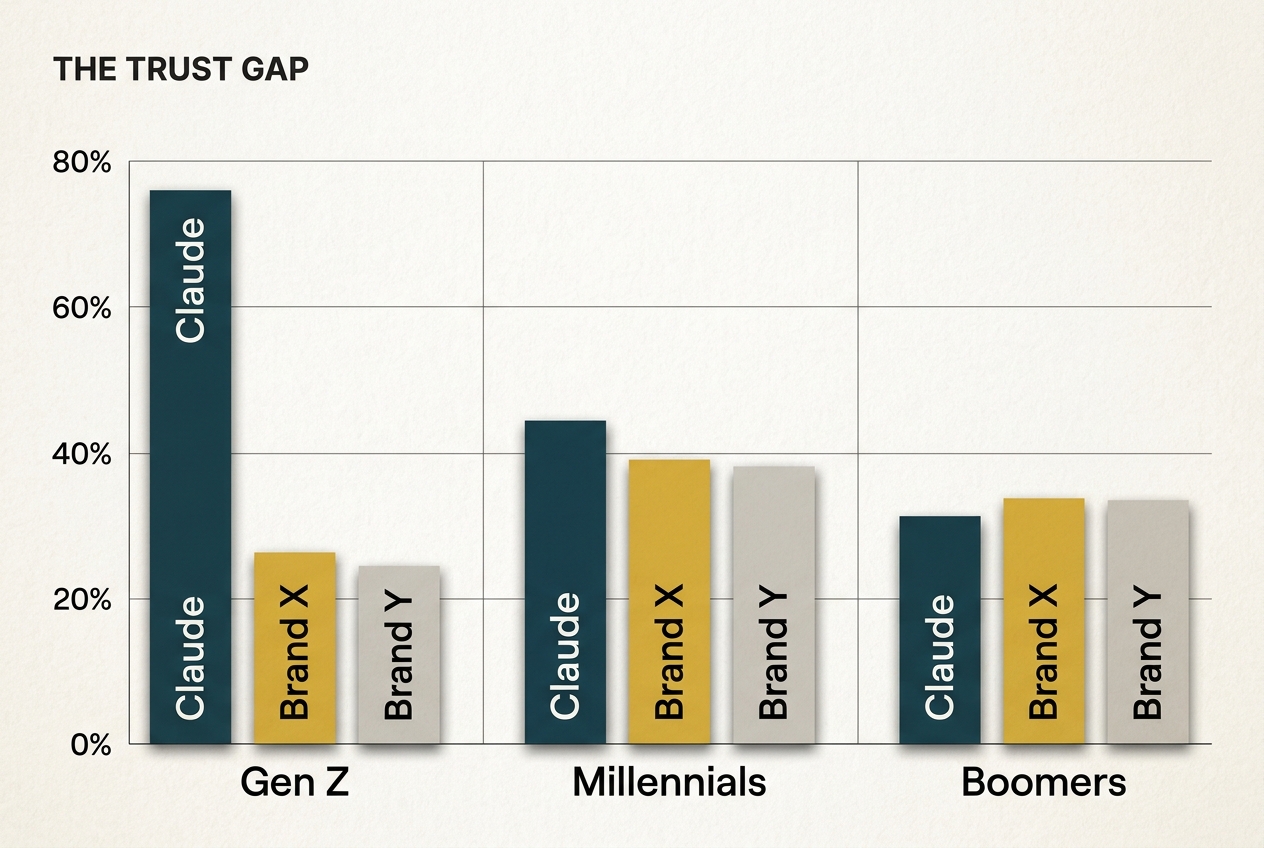 A bar chart showing Claude's dominance in the Gen Z demographic compared to older generations.